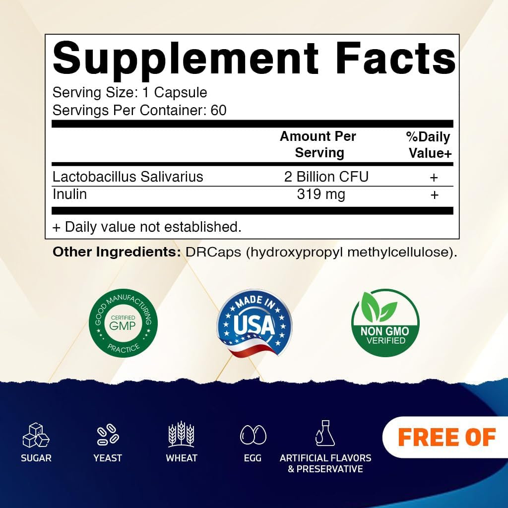 Vitamatic Lactobacillus Salivarius 2 Billion per DR Capsule - 60 Count - Digestive Support - Made with Prebiotic Inulin Fiber (1 Bottle)