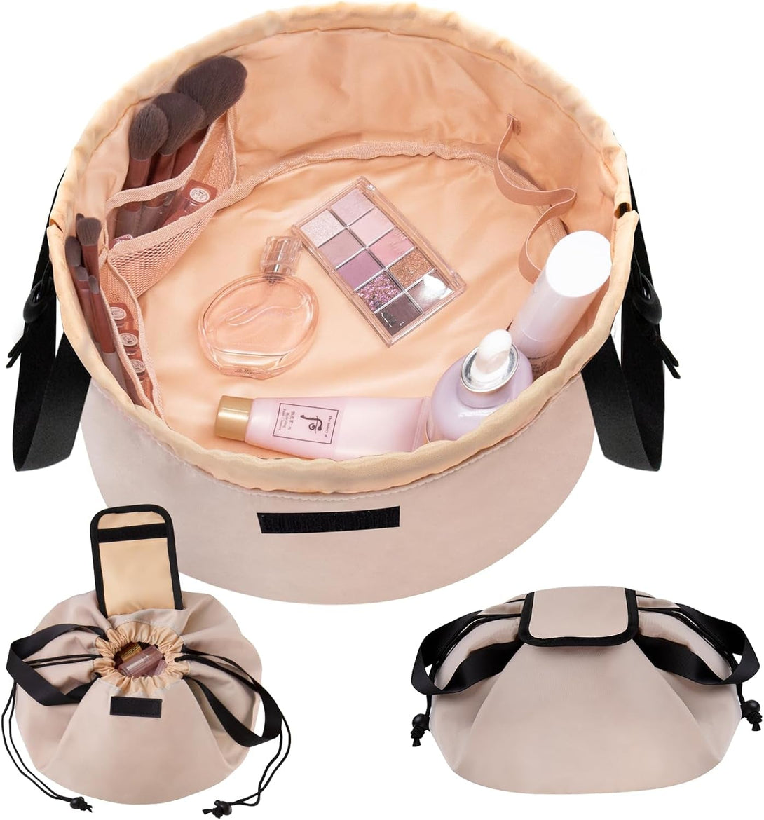 Barrel Drawstring Makeup Bag Large Travel Makeup Bag,Portable Large Capacity Cosmetic Bag Toiletry Organizer for Travel Accessories Make up Essentials and Hair Product,Gifts (Khaki)