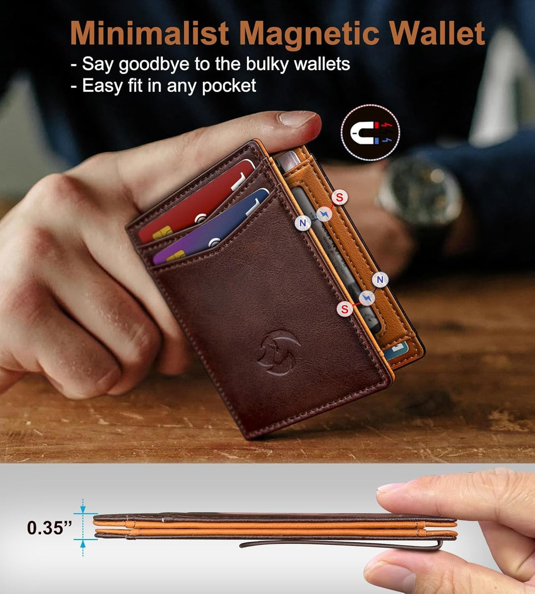 Magnetic Closure Slim Wallet for Men with Money Clip Gift Boxed,Genuine Leather Front Pocket Wallet, 3.9"X 2.7", RFID Blocking