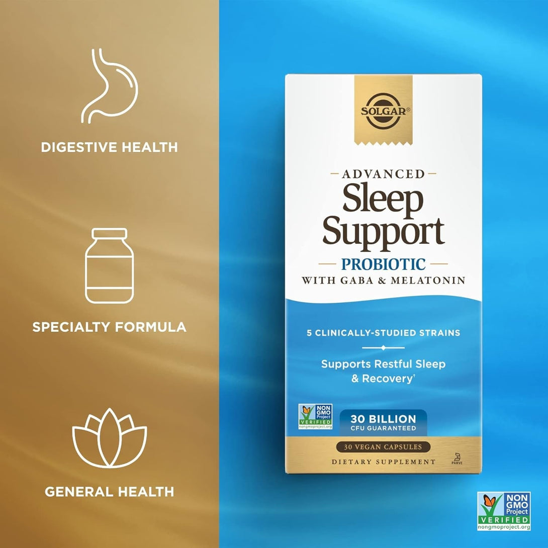 Solgar Advanced Sleep Support Probiotic with GABA & Melatonin, 30 Vegan Capsules - 30 Billion CFU - 5 Clinically-Studied Strains - Support for Restful Sleep & Recovery - Non-Gmo & Vegan, 30 Servings