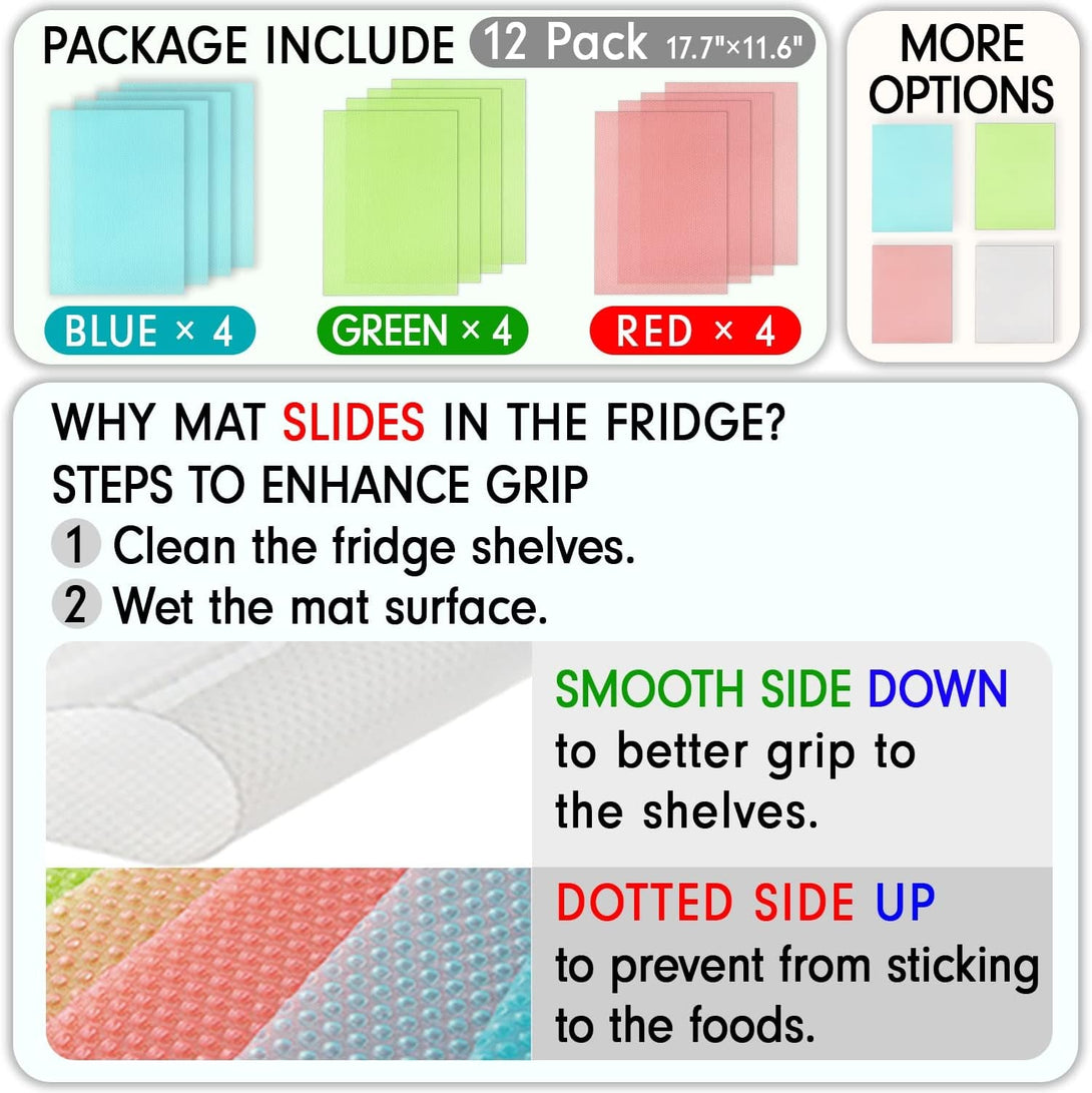12 Pcs Refrigerator Liners, Maynest Washable Mats Covers Pads, Home Kitchen Gadgets Accessories Organization for Top Freezer Glass Shelf Wire Shelving Cupboard Cabinet Drawers (4 Blue+4 Green+4 Red)