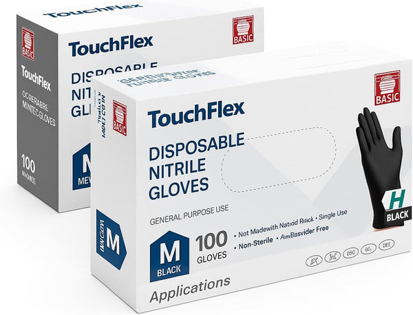 Basic Touchflex Black Nitrile Disposable Gloves, XS-XL, Powder-Free, 100 Count, Finger-Textured, Ambidextrous