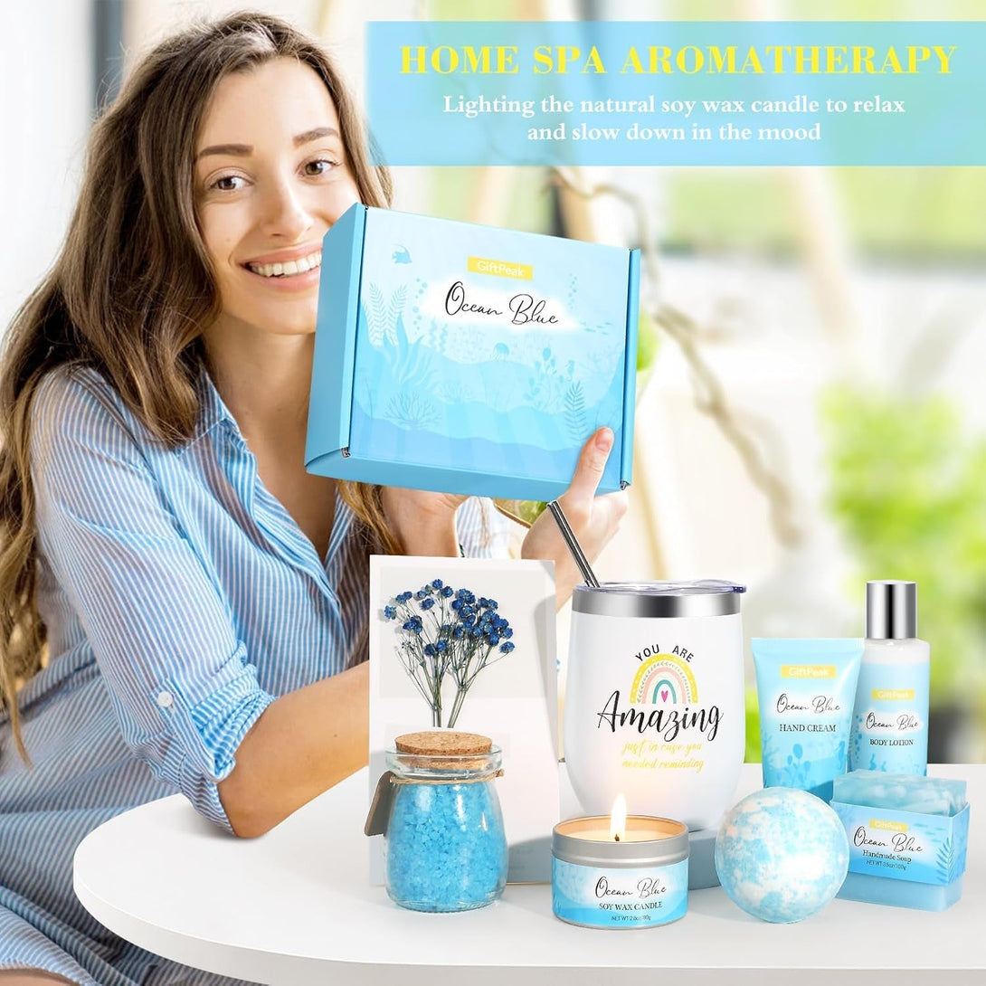 Birthday Gifts for Women, Ocean Scented Relaxing Spa Gift Baskets for Women Mom Her Wife Sister Friends Coworker Employee, Self Care Bath and Body Gift Set for Mother'S Day Birthday Inspirational Gift