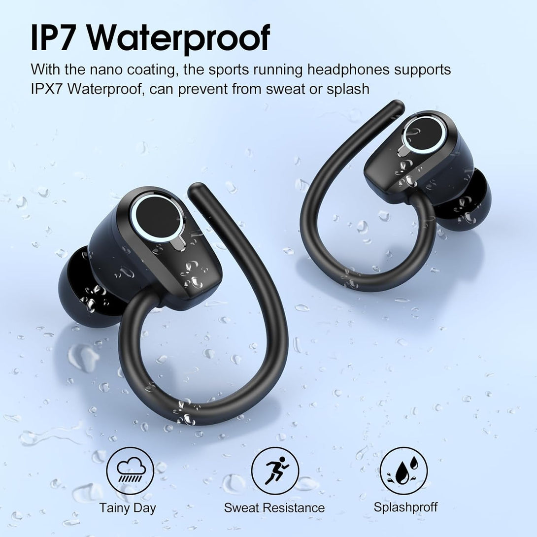 Wireless Earbuds, Sport Headphones Bluetooth 5.3, Ear Buds Wireless Earbuds Bluetooth, 50H Playtime HD Stereo Noise Cancelling Headphones, Dual LED Display IP7 Waterproof Running Earphones, Deep Black