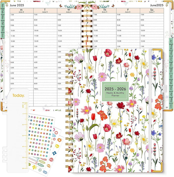 2025 Appointment Book, 2025 Academic Planner 18 Months Weekly and Monthly (January 2025 - June 2026), 8.5"X11" Daily Hourly Planner 60-Minute Time Slots, Spiral Calendar Schedule Book for Work Home School, Wildflower Garden