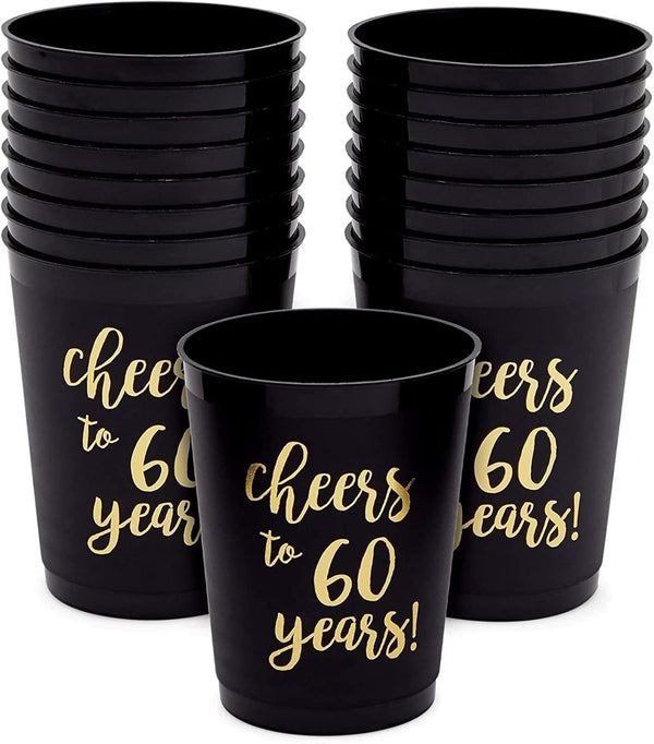 16 Pack Cheers to 60 Years Plastic Party Cups - 60Th Birthday Decorations for Men and Women, Anniversaries (Black, 16 Oz)