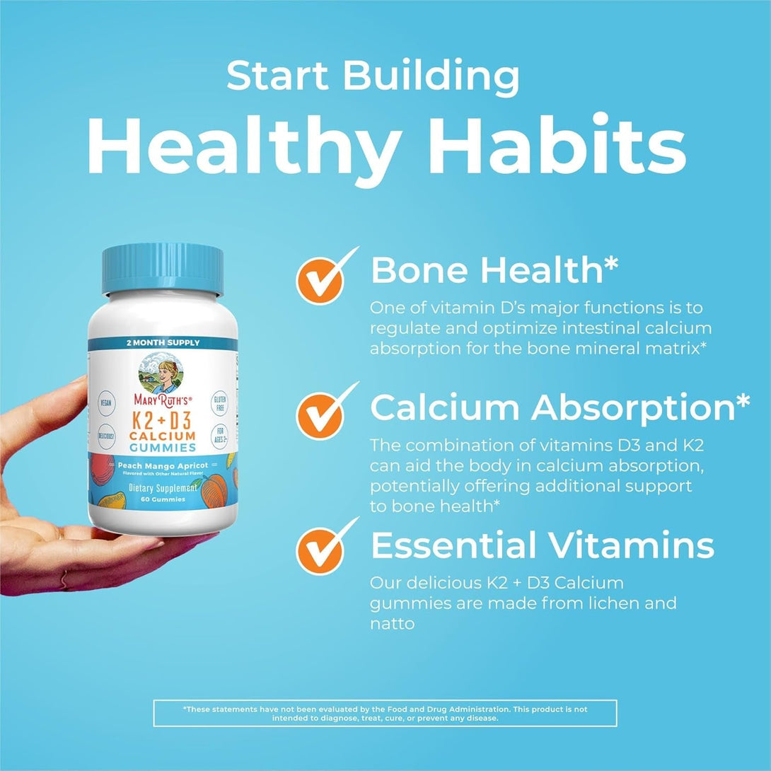 Maryruth Organics Calcium with Vitamin D & Vitamin K2, 2 Month Supply, Calcium Supplement Supports Bone Health & Joint Support, with Vitamins D3 K2 Gummies, Vegan, Non-Gmo, Gluten Free, 60 Count