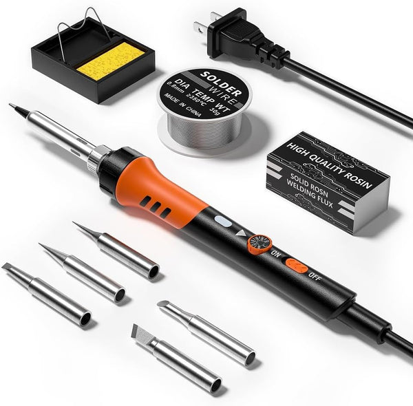 60W Adjustable Temperature Soldering Iron Kit - 9-In-1 with 5 Tips, Solder Wire Stand for Soldering and Repair
