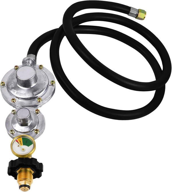 Azdele Upgraded Two Stage Propane Regulator with 5Ft Hose and Gauge, Standard P.O.L Tank Connection, 3/8In Female Flare Fitting for Grill, Heaters, Fire Pit, Gas Generator/Stove/Range-Csa Certified