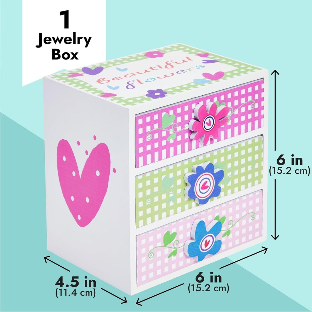 Juvale Small Floral Jewelry Box for Little Girls Aged 4 to 13 - Kids Wooden Organizer with 3 Drawers for Necklaces and Earrings