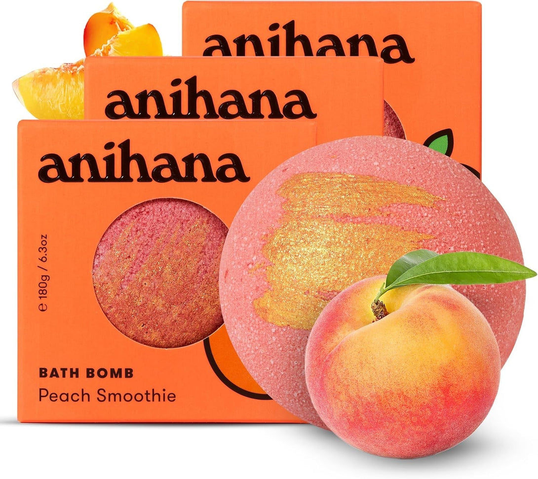 ANIHANA Bath Bombs with Coconut Oil, Paraben Free, Hand-Crafted Luxury Fizzers, Refreshing Peach Smoothie Scent, 6.3 Oz Each, 3 Pack