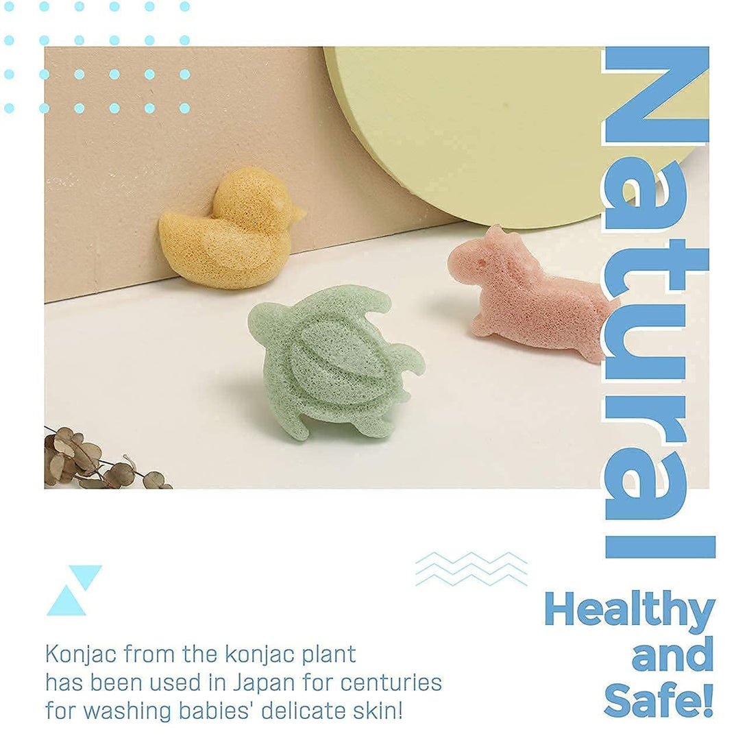 Myhomebody Konjac Baby Sponge for Bathing, Cute Shapes Natural Kids Bath Loofah for Infants, Toddler, Newborns, Safe Plant-Based, 3Pc. Set: Unicorn, Duck, Sea Turtle