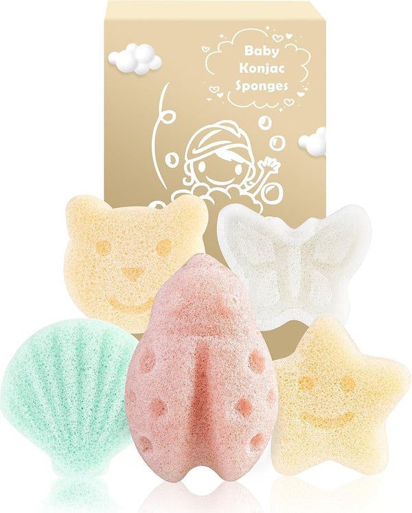 Mohern Konjac Baby Sponge for Bathing, 5Pcs Natural Cute Shapes, Kids Bath Sponges for Infants, Toddler Bath Time, Plant-Based, Extra Soft
