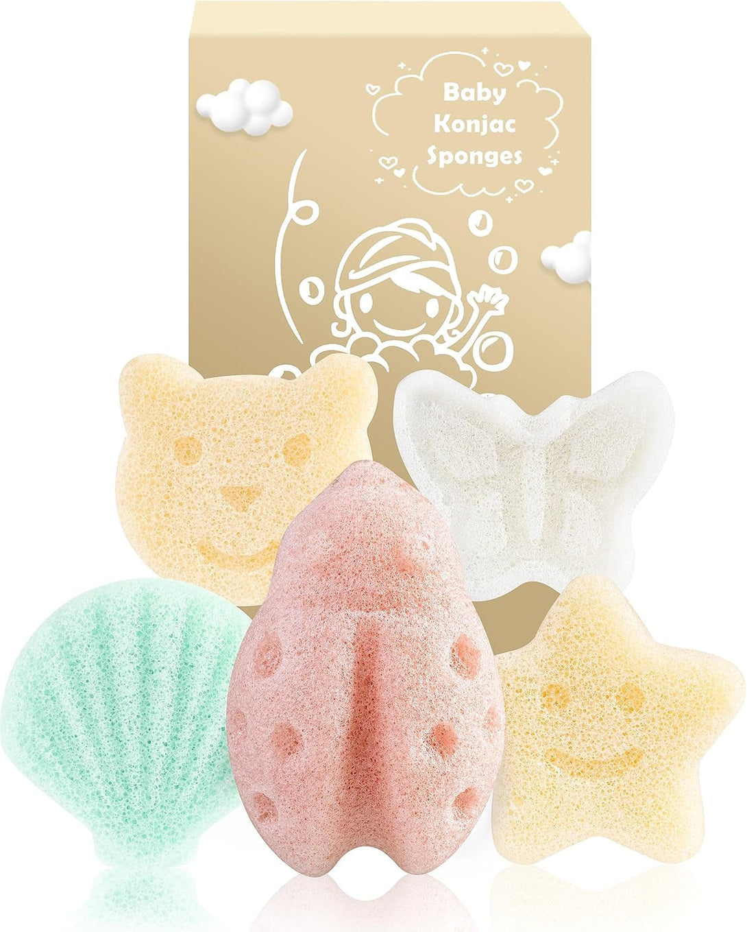 Mohern Konjac Baby Sponge for Bathing, 5Pcs Natural Cute Shapes, Kids Bath Sponges for Infants, Toddler Bath Time, Plant-Based, Extra Soft