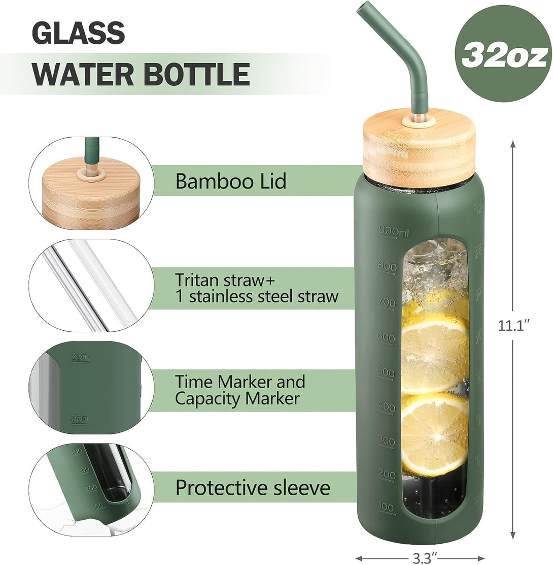 32Oz Glass Water Bottle with Straw and 2 Lids- Bamboo and Handle Spout Lid, Glass Drinking Bottles with Silicone Sleeve Motivational Time Marker for Gym, Sports,Cup Holder Friendly, Olive