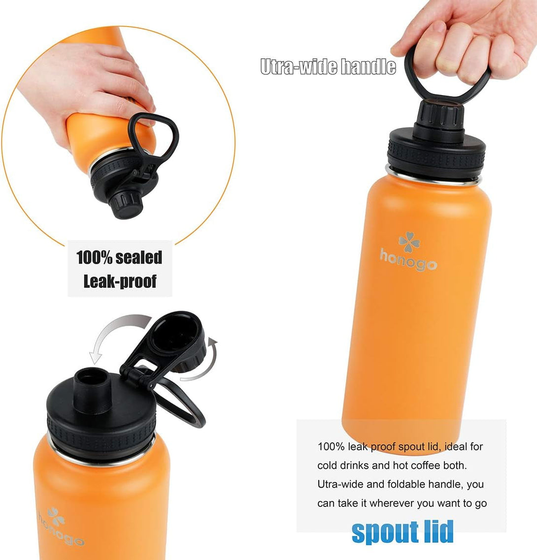 32 Oz Powder Coated Double Wall Vacuum Insulated Sports Water Bottle, 18/8 Stainless Steel Wide Mouth Thermal Flask with Straw Lid & Spout Lid, Leak Proof, Sweat Free, BPA Free (Orange, 32 Oz)
