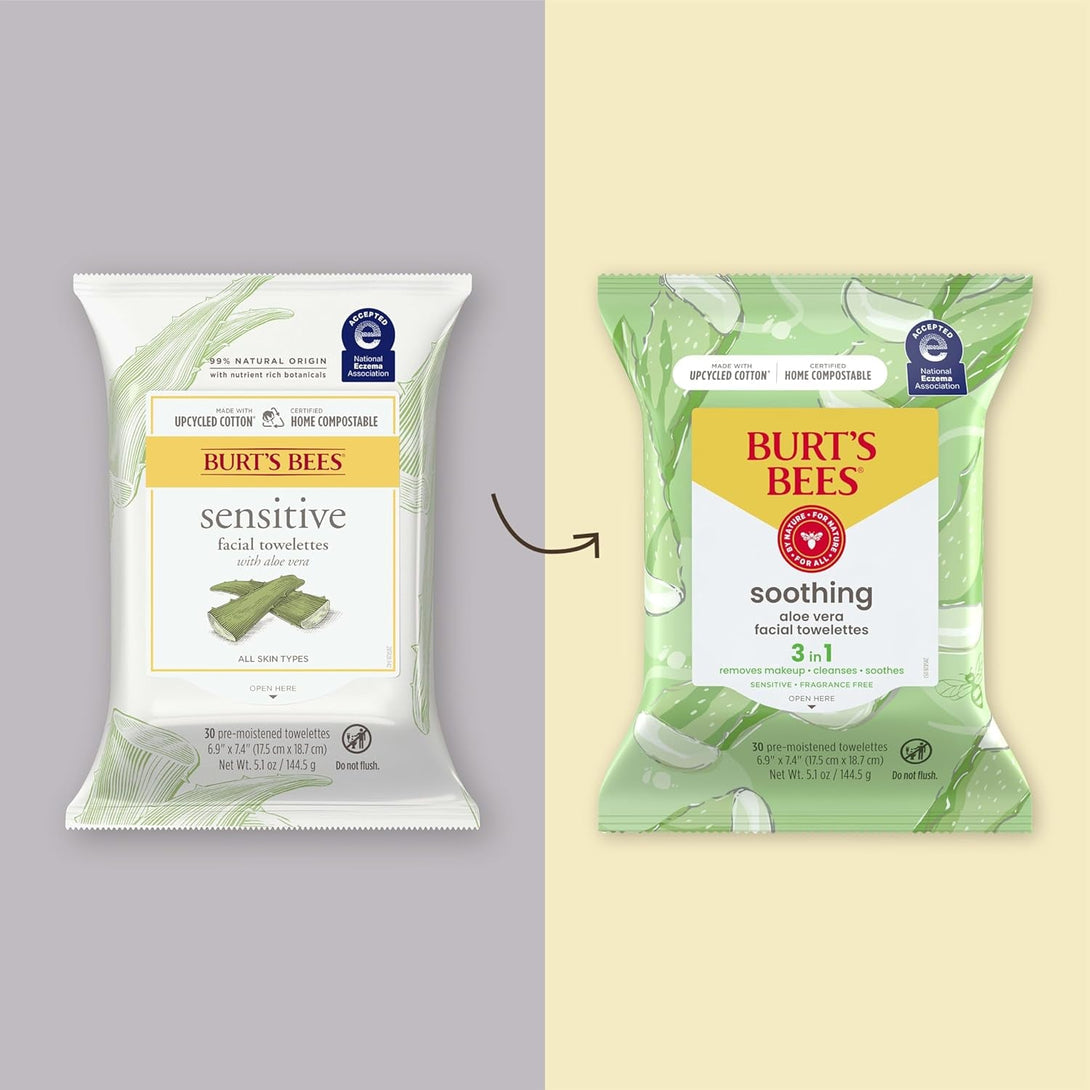 Burt'S Bees, Aloe Vera Face Wipes, for Sensitive Skin, Soothing Makeup Remover & Facial Cleansing Towelettes, 30 Count (1 Pack)
