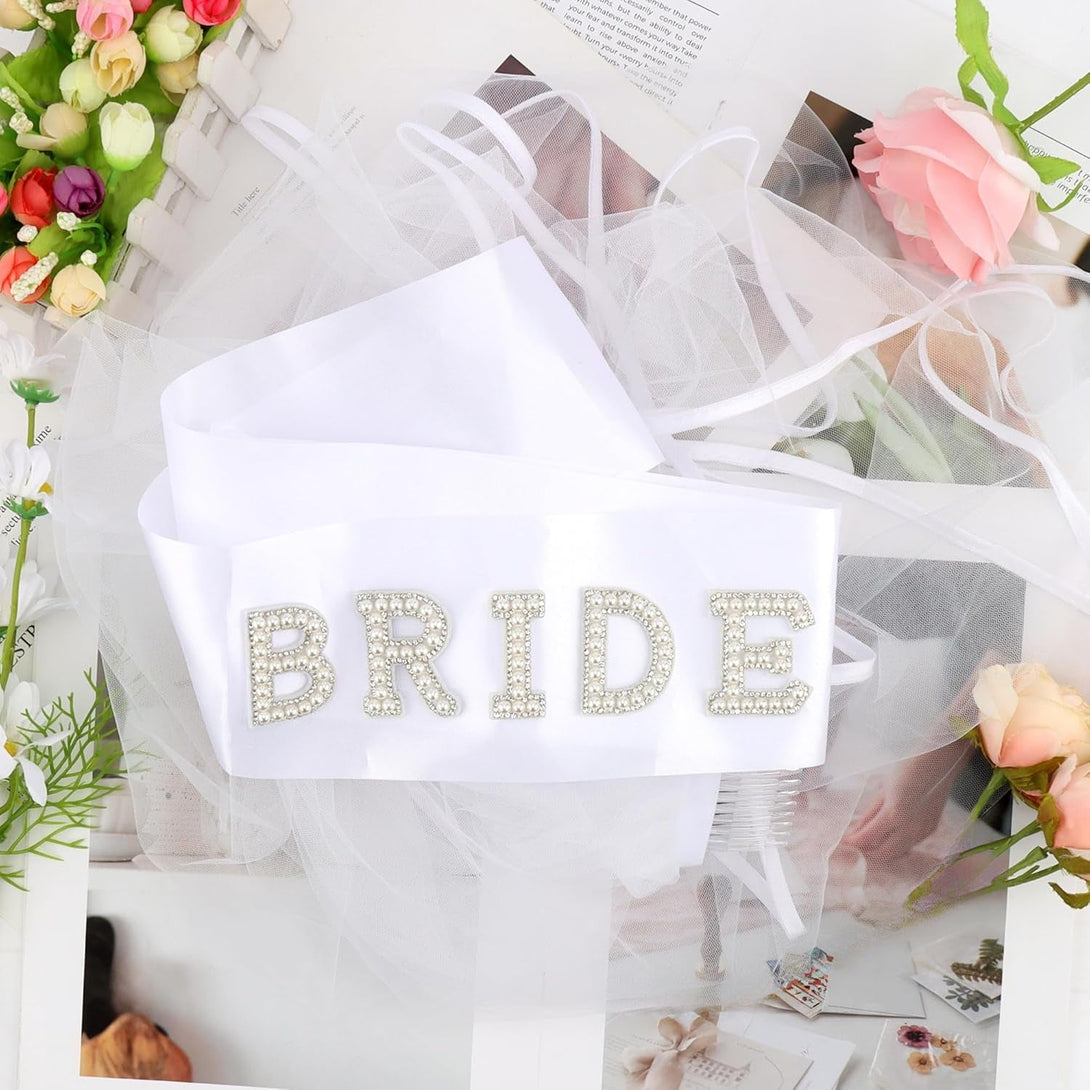 Chanaco Bride to Be Sash Bridal White Veil for Wedding 2Pcs Bride Pearl Satin Sash Bachelorette Party Decorations Double Edge Center Cascade Bridal Shower Veil with Comb Engagement Gifts