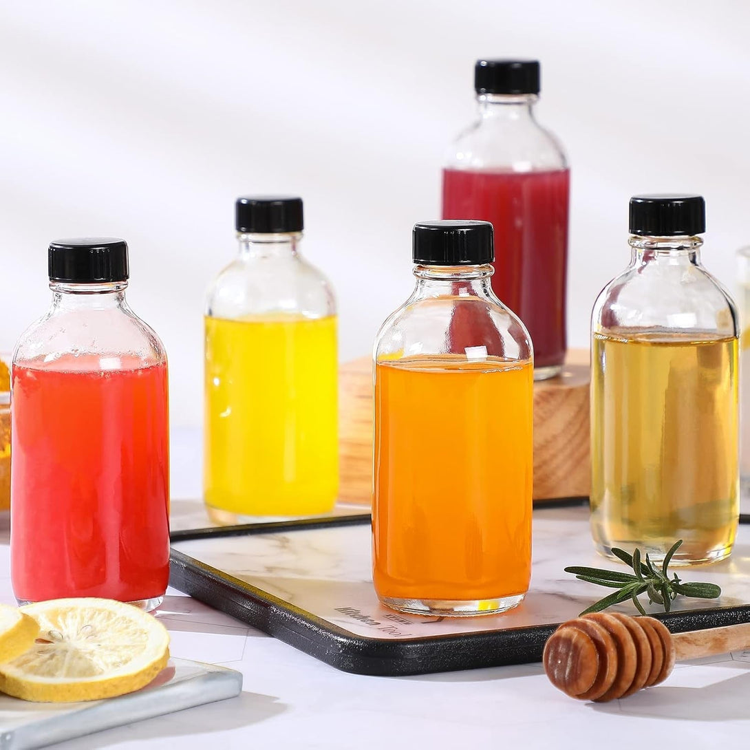 10 Pack, 4 Oz Small Clear Glass Bottles W/ Lids & 3 Stainless Steel Funnel - 120Ml Boston round Sample Bottle for Potion, Juice, Ginger Shot, Wellness, Oils, Whiskey, Liquids - Leakproof Travel Bottle