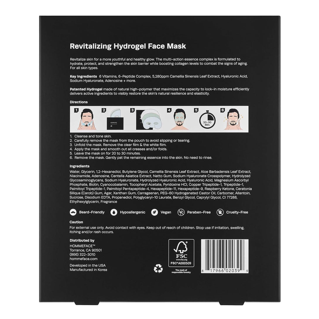 Hommeface Revitalizing Hydrogel Facial Mask Set for Men (5Ct) - Hydrating, Anti-Aging & Soothing Face Sheet Mask with Hyaluronic Acid, Vitamin B, C, E & Peptides, Beard-Friendly