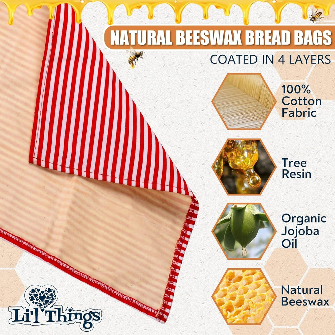 Li'L Things Eco-Friendly Reusable Beeswax Bread Bags | Improved Beeswax Coating | Set of 2 Sizes | 13'X13' & 15’X 9’ | 6 Different Themes | Great for Home Baked Store-Bought Bread | Stripey Red