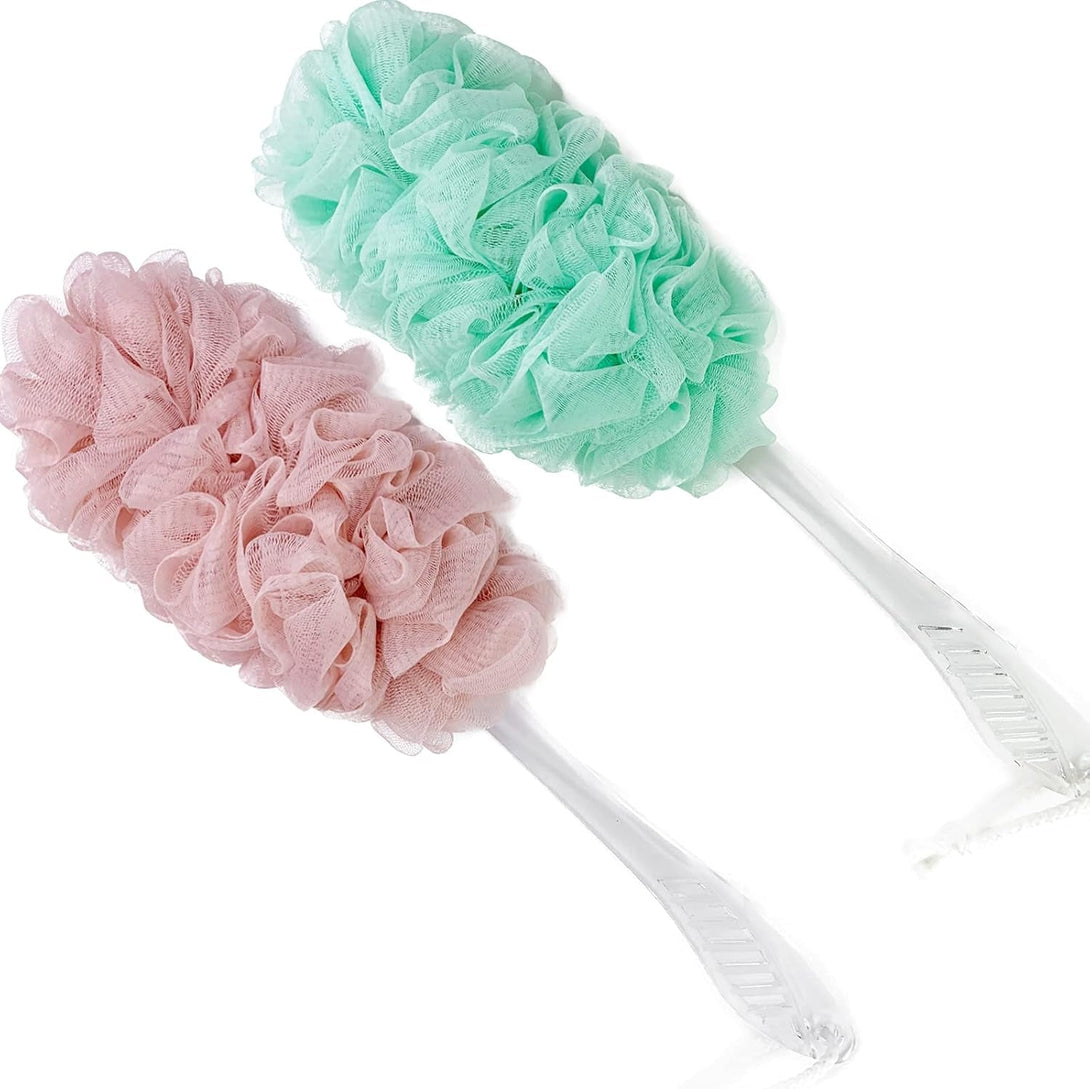 PPHAO - Loofah on a Stick for Men & Women - Bath Brush with Long Handle - Plastic Loofah Sponge - 2Pack in Green & Pink