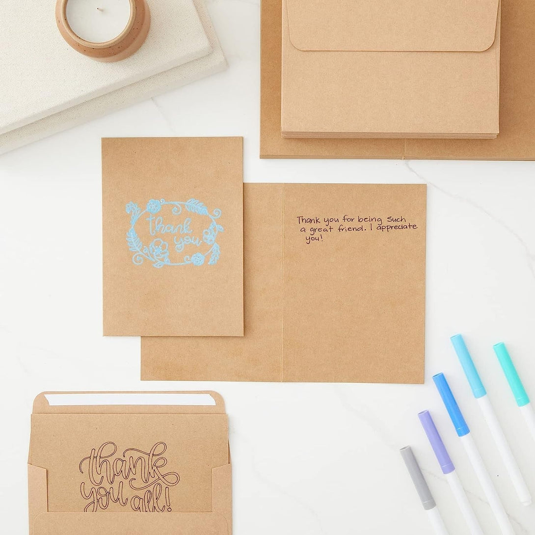 50 Pack Blank A7 Kraft Paper Cards and Envelopes, All Occasion 5X7 Note Cards for Invitations, Open When Letters