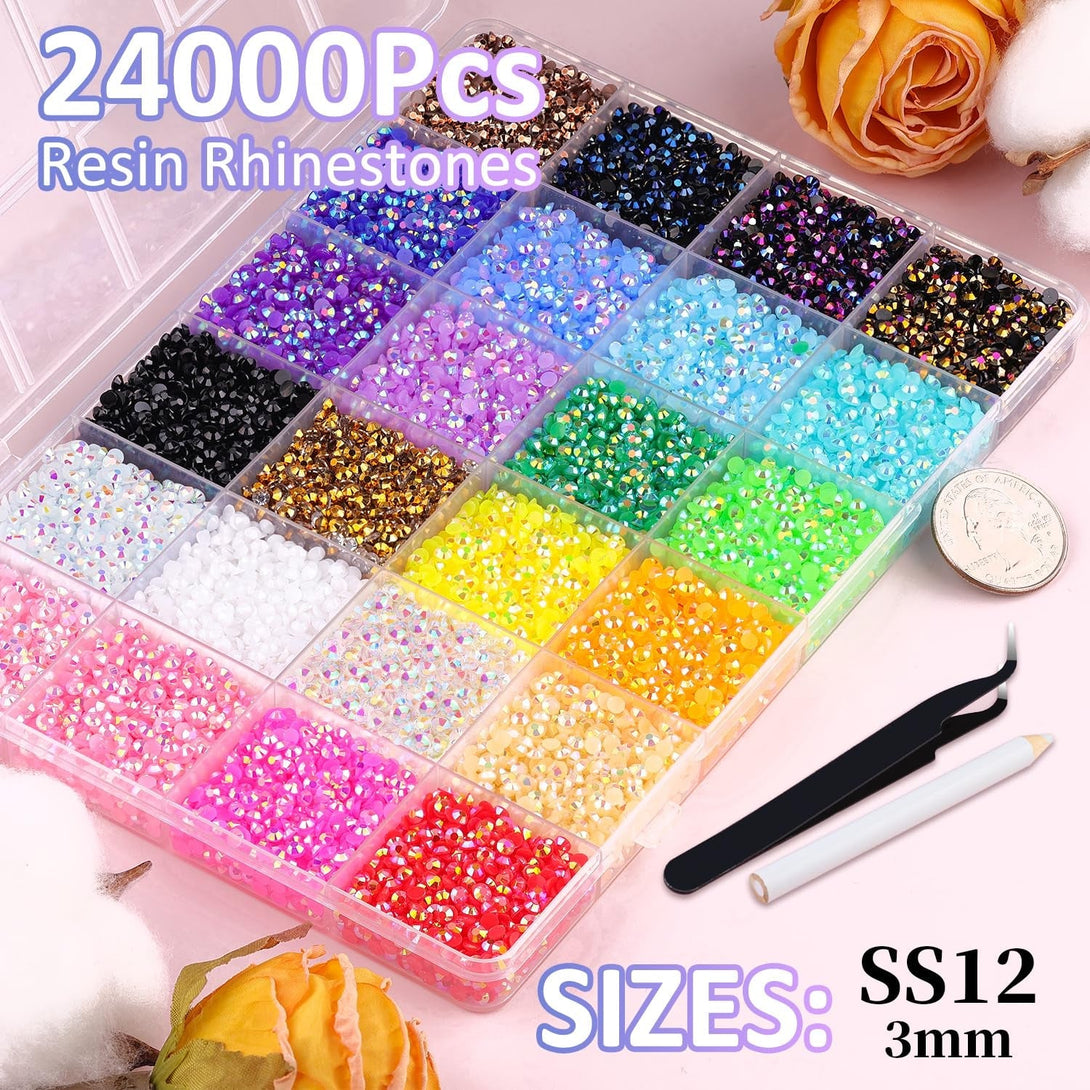24000Pcs Resin Jelly Rhinestones for Crafting, Mixed-Color 3Mm Flatback Gems for Diamond Art, Bedazzling Crystal with 3Pcs 10Ml B7000 Jewelry Glue for DIY Crafts Clothing Shoes Nail Art