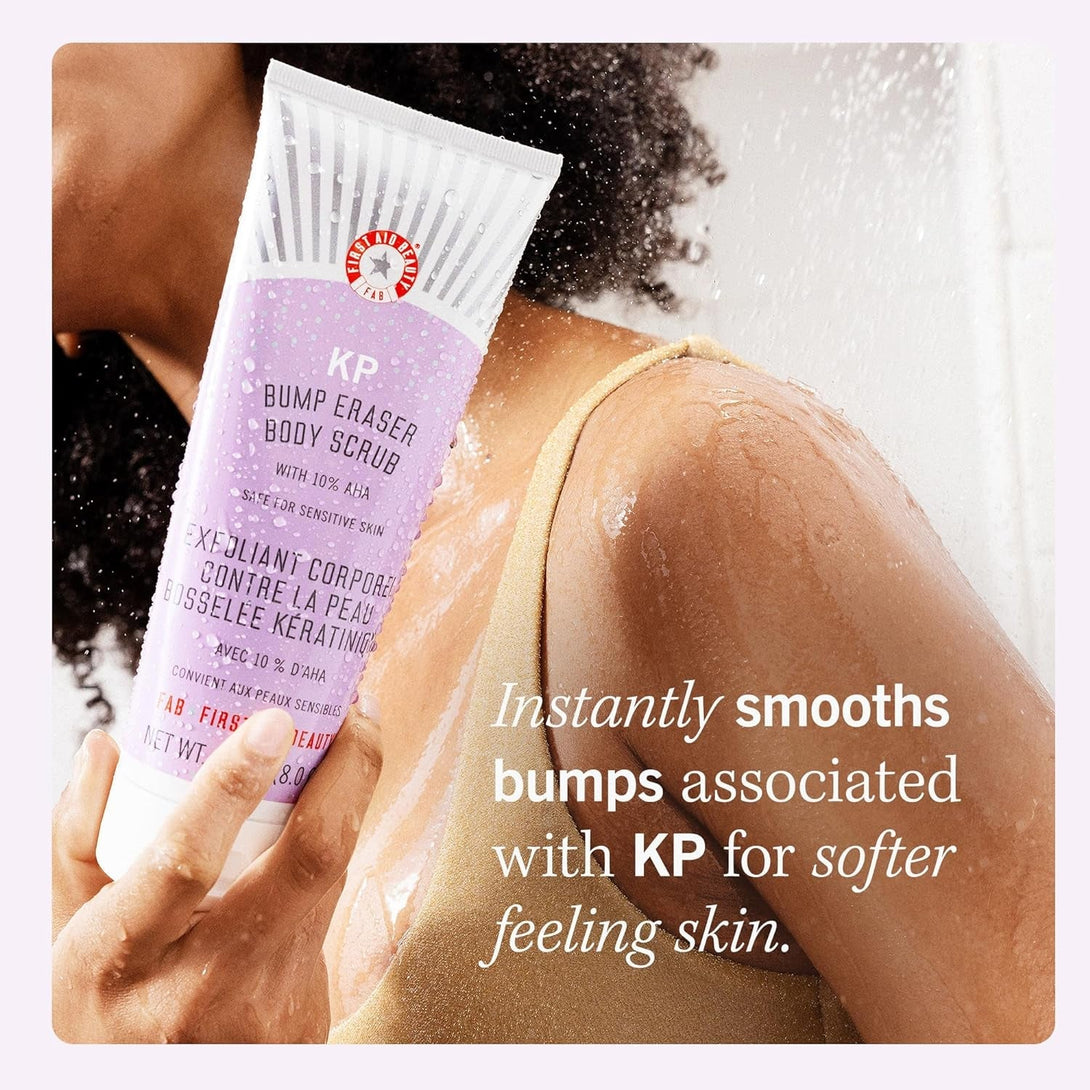 First Aid Beauty - KP Bump Eraser Body Scrub with 10% AHA, Keratosis Pilaris Skin Exfoliator with Glycolic and Lactic Acids, Helps Reduce Chicken Skin Bumps, Safe for Sensitive Skin, 2 Oz