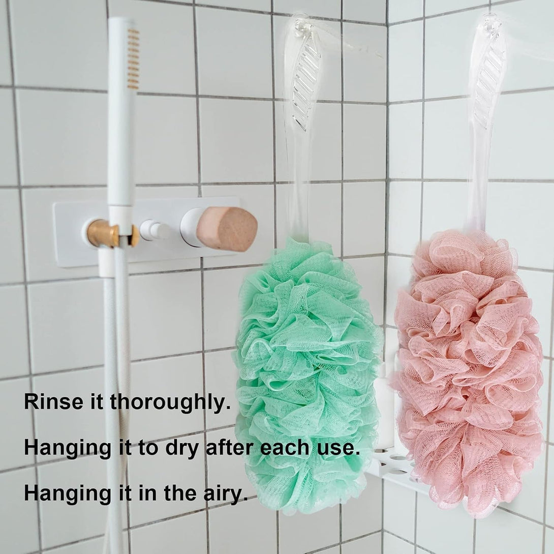 PPHAO - Loofah on a Stick for Men & Women - Bath Brush with Long Handle - Plastic Loofah Sponge - 2Pack in Green & Pink