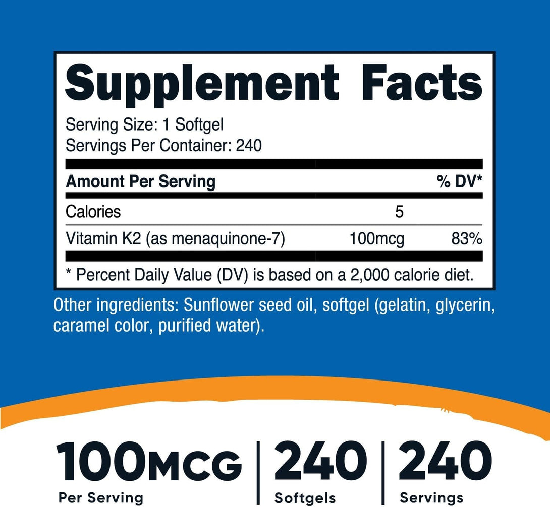Nutricost Vitamin K2 MK-7 100 Mcg, 240 Softgels - Gluten Free and Non-Gmo MK7