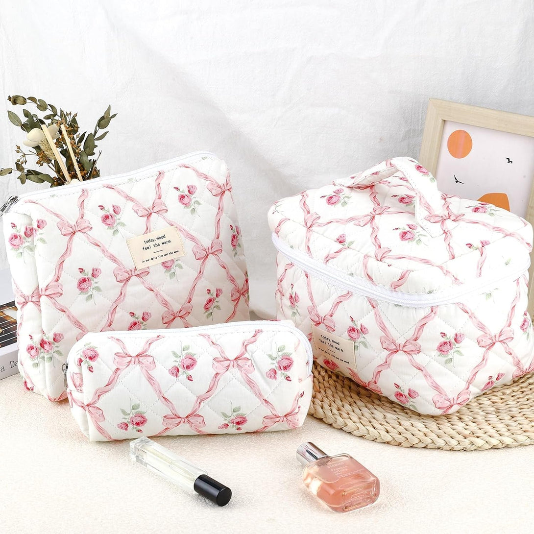 3Pcs Cotton Quilted Makeup Bag for Women Girls Large Small Travel Floral Cosmetic Bags Set Cute Coquette Pink Makeup Pouch for Purse Aesthetic Cloth Flower Storage Toiletry Bag Organizer