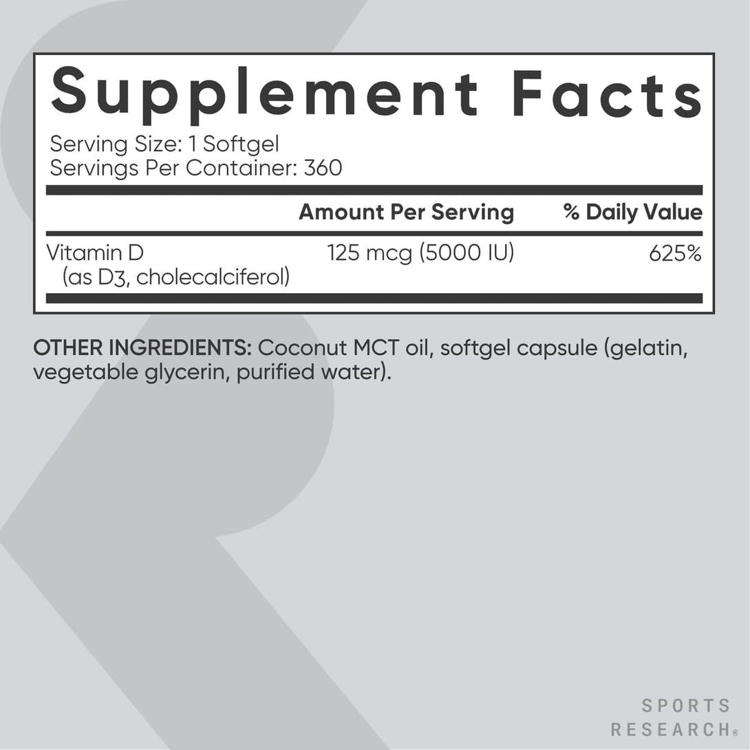 Sports Research Vitamin D3 5000Iu (125Mcg) with Coconut Oil ~ High Potency Vitamin D for Immune & Bone Support ~ Non-Gmo Verified, Gluten & Soy Free (360 Mini-Liquid Softgels)