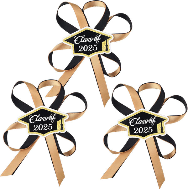 3 Pcs Graduation Lei Accessories Class of 2025 Graduation Ribbon Bows Lei Decals for Graduation Leis Black Gold Graduation Party Theme Celebration Decoration Supplies Graduation Gift