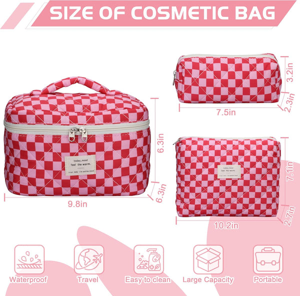 Quilted Makeup Bag Set - 3 PCS Cute Floral Cotton Makeup Bag, Large Coquette Aesthetic Make up Cosmetic Bag, Flower Travel Toiletry Organizer Bags