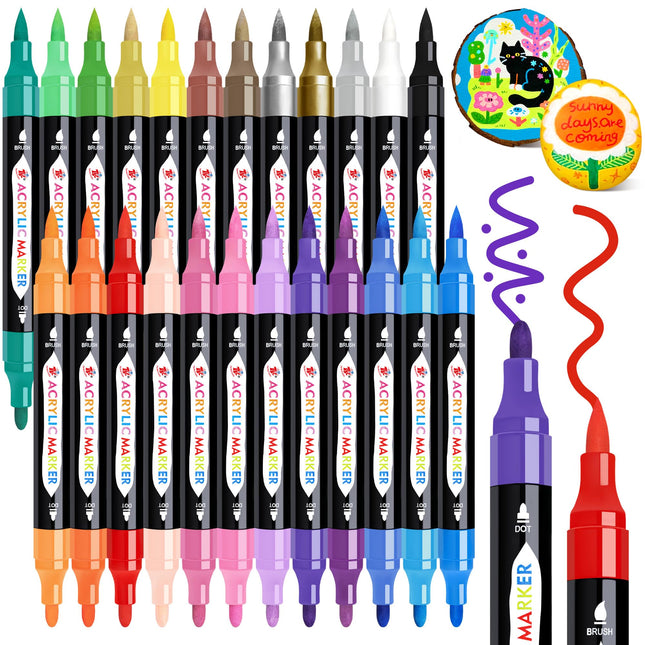 TBC the Best Crafts 24 Colors Dual Tip Acrylic Paint Markers,Waterproof, Non-Toxic, Odorless, Suitable for Paper, Potter