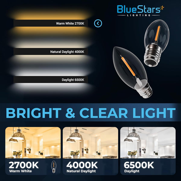 Bluestars 3W C7 LED Light Bulbs, E12 Candelabra Base 120V 15W Equivalent, 2700K Warm White, Non-Dimmable, Clear Glass for Indoor Outdoor Holiday