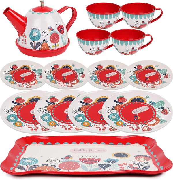 Tea Set for Little Girls, Pretend Play Tea Party Set, Floral Design Kids Tin Tea Set with Carrying Case (15 Pcs)