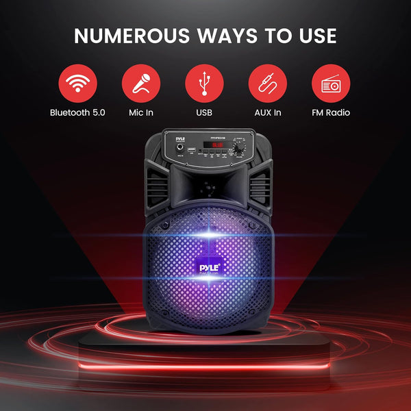 Pyle Portable Bluetooth PA Speaker System-300W Rechargeable Indoor/Outdoor Bluetooth Speaker Portable System W/ 8â Subwoofer 1â Tweeter,