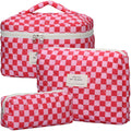 Quilted Makeup Bag Set - 3 PCS Cute Floral Cotton Makeup Bag, Large Coquette Aesthetic Make up Cosmetic Bag, Flower Travel Toiletry Organizer Bags