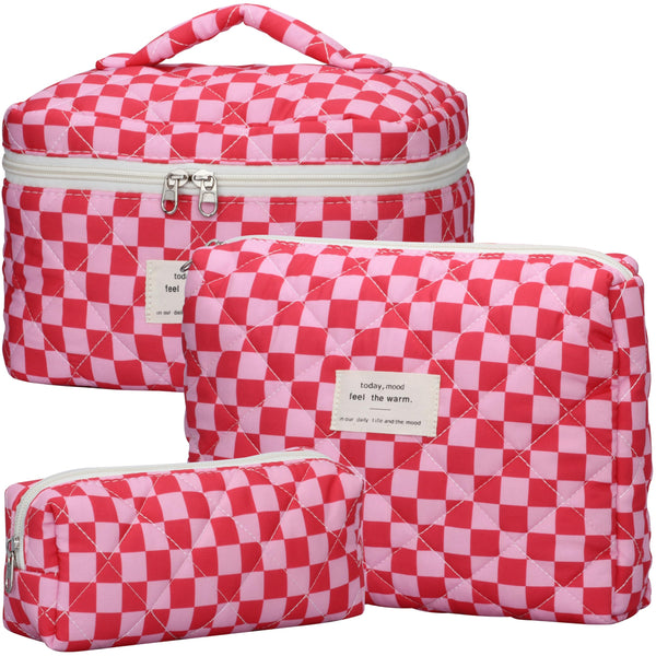 Quilted Makeup Bag Set - 3 PCS Cute Floral Cotton Makeup Bag, Large Coquette Aesthetic Make up Cosmetic Bag, Flower Travel Toiletry Organizer Bags