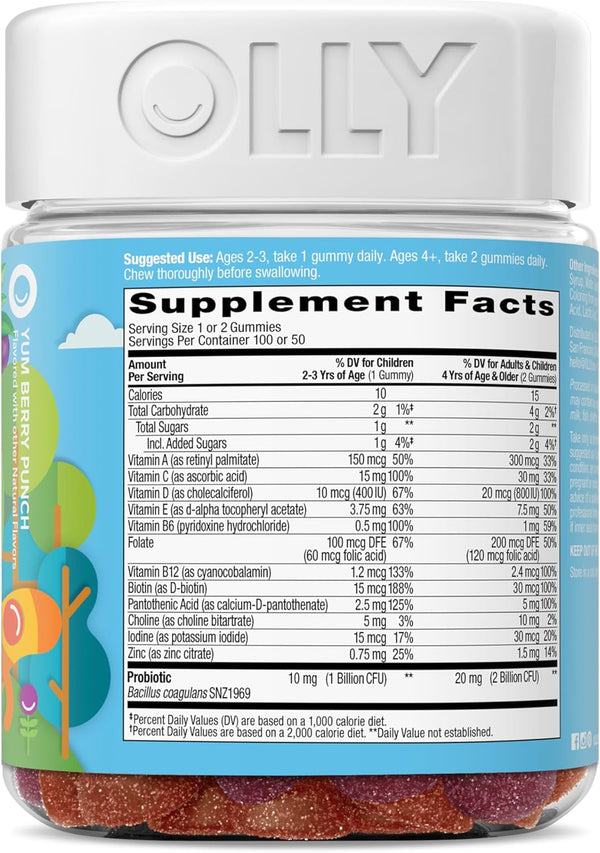 OLLY Kids Multivitamin & Probiotic Gummy, Digestive Support, Vitamins A, D, C, E, B, Zinc, Chewable Supplement, Berry Flavor, 50 Day Supply - 100