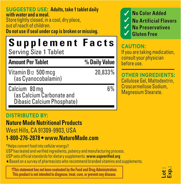 Nature Made Vitamin B12 500 Mcg, Dietary Supplement for Energy Metabolism Support, 200 Tablets, 200 Day Supply