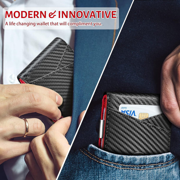 GSOIAX Slim Leather RFID Bifold Wallet for Men - Minimalist Front Pocket Wallet with Money Clip,12 Card Slots,Id Window,Cool Groove