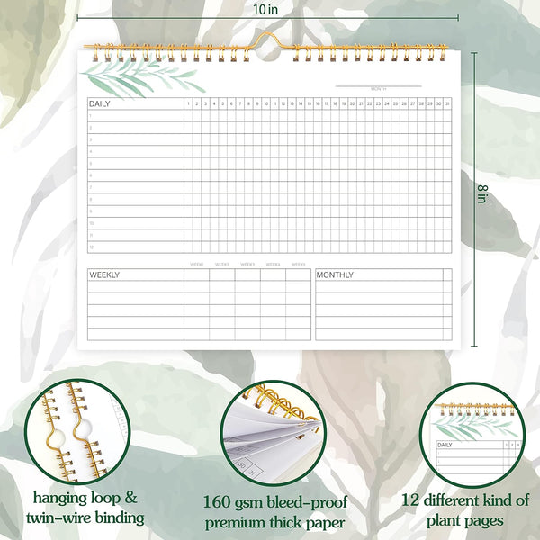 Habit Tracker Calendar- 12 Months Undated Daily Weekly & Monthly Period Habit Tracker Journal, Greenery Floral, Spiral Binding with Writable Goals