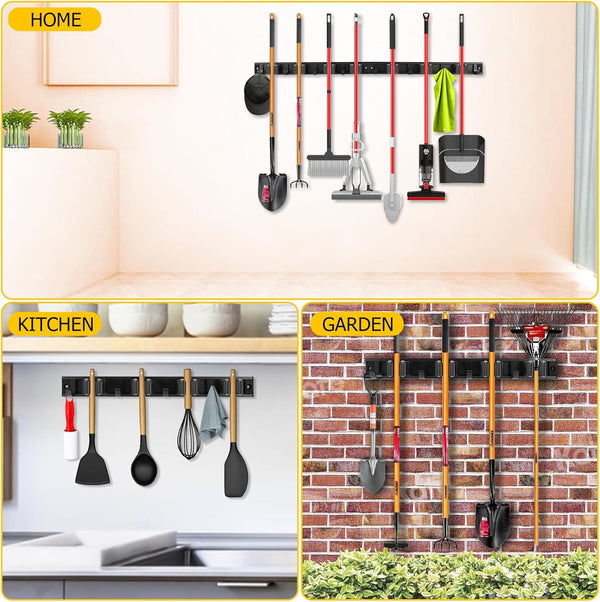 SLIIMU Movable 30'' Broom and Mop Holder Wall Mount with Sliding 7 Racks 8 Hooks, Storage Organizer Wall Hanger, Cleaning Tool Hanging Grippers