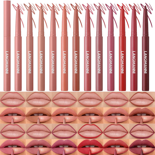LANGMANNI 12 Colors Sculpting Matte Velvet Lip Liner Set,Smooth Creamy Texture,Waterproof and High Pigmented for Girls Daily Application Lip Makeup