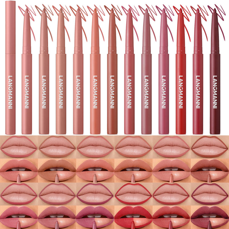 LANGMANNI 12 Colors Sculpting Matte Velvet Lip Liner Set,Smooth Creamy Texture,Waterproof and High Pigmented for Girls Daily Application Lip Makeup