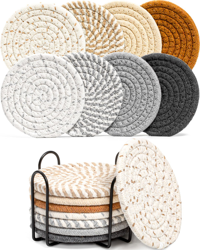 8 Pcs Drink Coasters with Holder, 8 Colors Absorbent Coasters for Drinks Minimalist Cup Coasters Cotton Coaster Set Wove