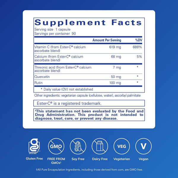 Pure Encapsulations Ester-C & Flavonoids - Vitamin C Supplement for Antioxidants - Immune & Vascular Support* with Calcium & Rutin - Gentle on
